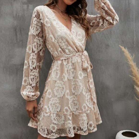 Overlap Collar Ruffle Hem Belted Lace Dress - Picture 3 of 7